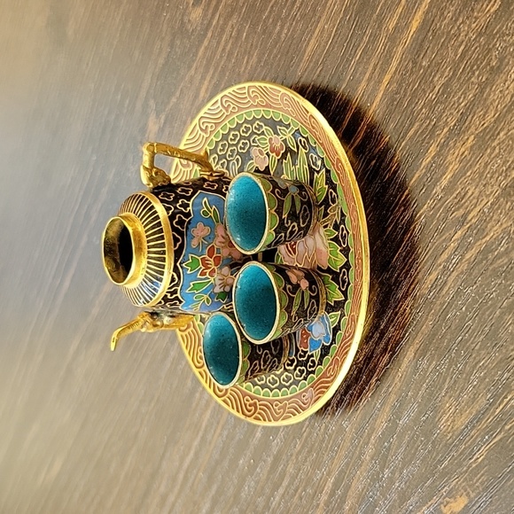 Other - Cloisonné Miniature Chinese Teapot Set Brass Enamel Inlay 5 Pieces